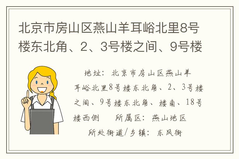 北京市房山區(qū)燕山羊耳峪北里8號樓東北角、2、3號樓之間、9號樓東北角、樓南、18號樓西側(cè)
