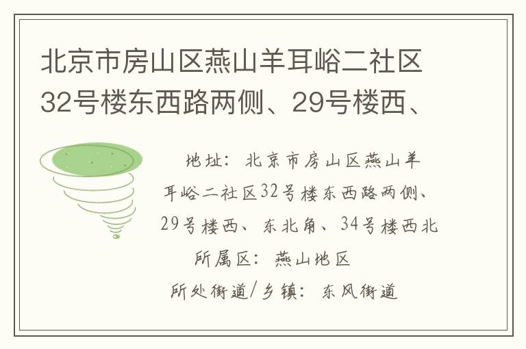 北京市房山區(qū)燕山羊耳峪二社區(qū)32號樓東西路兩側(cè)、29號樓西、東北角、34號樓西北