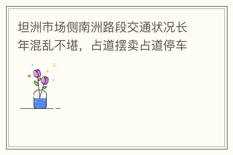 坦洲市場(chǎng)側(cè)南洲路段交通狀況長(zhǎng)年混亂不堪，占道擺賣占道停車嚴(yán)重，時(shí)有機(jī)動(dòng)車逆行，非機(jī)動(dòng)車更是隨意逆行，順行機(jī)動(dòng)車與非機(jī)動(dòng)車混行緩慢，沒(méi)各行其道。南洲路與大興路平交路口沒(méi)有規(guī)劃好，交通擁堵是常態(tài)，即時(shí)有交