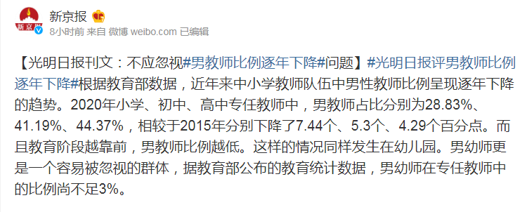 教師行業(yè)“陰盛陽衰”，男教師比例逐年下降，鐵飯碗為何不香了？